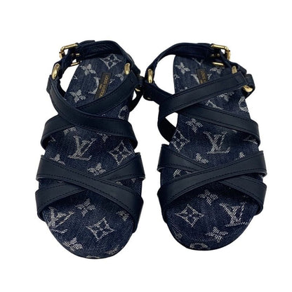 Louis Vuitton O Chien Line Monogram Sandals Shoes Leather Denim Navy Flat