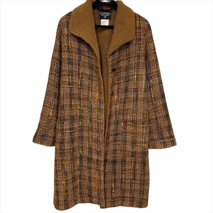 Chanel Teddy Boa Collar Mixed Tweed CC Logo Button 38 Coat Brown