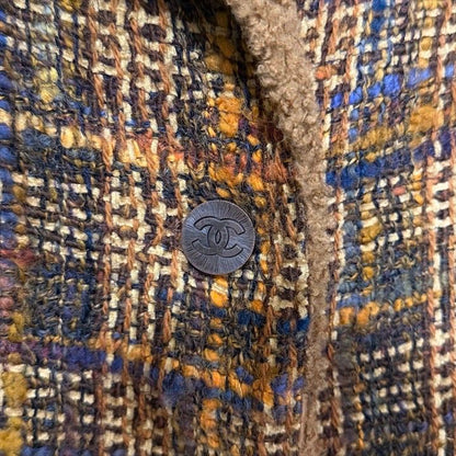 Chanel Teddy Boa Collar Mixed Tweed CC Logo Button 38 Coat Brown