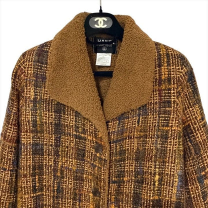 Chanel Teddy Boa Collar Mixed Tweed CC Logo Button 38 Coat Brown