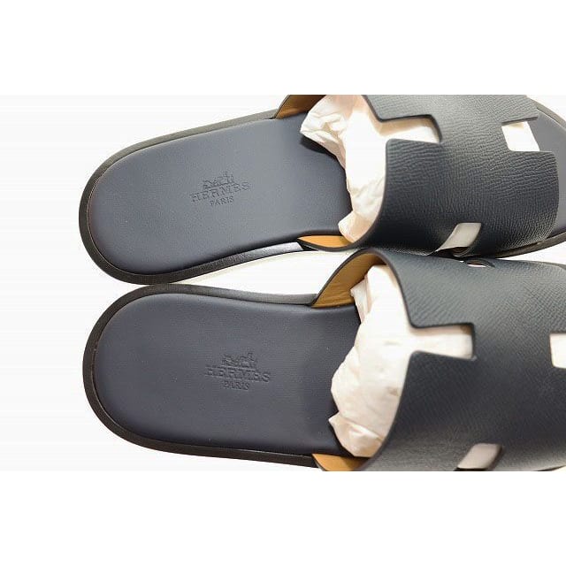 Hermes Izmir Sandals Size 41 Leather H Logo Black Aa