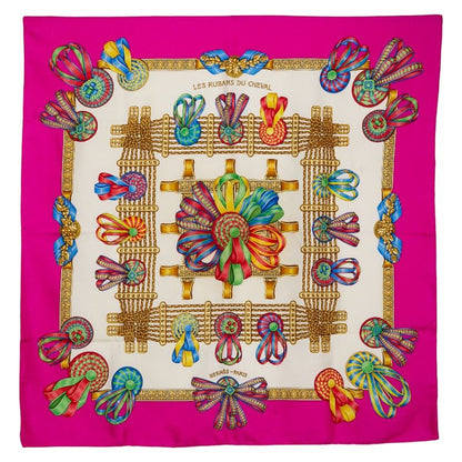 Hermes Carre 90 LES Rubans DU Cheval Horse Ribbon Pink Multicolor Ladies Hermes