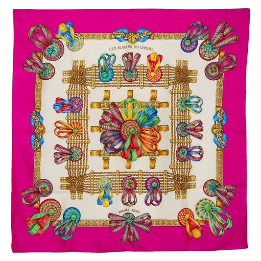 Hermes Carre 90 LES Rubans DU Cheval Horse Ribbon Pink Multicolor Ladies Hermes