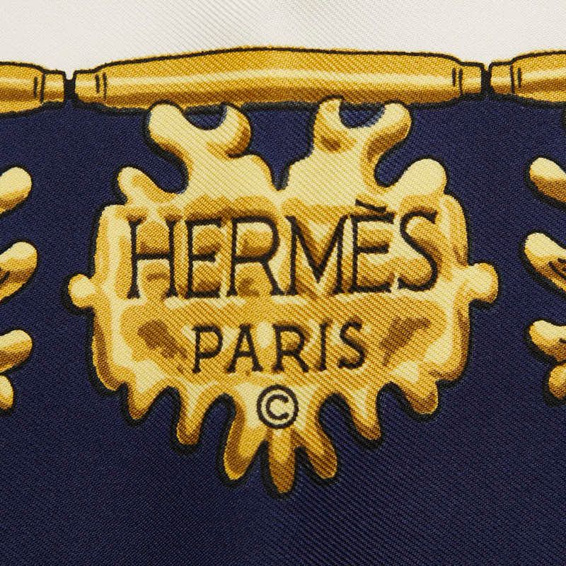 Hermes Carre 90 LES Cavaliers D'OR Golden Knight Navy Multicolor Silk Ladies