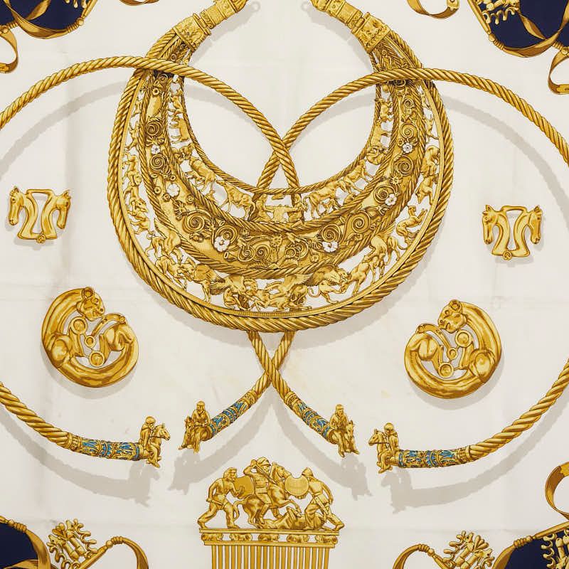 Hermes Carre 90 LES Cavaliers D'OR Golden Knight Navy Multicolor Silk Ladies