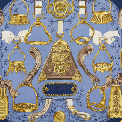 Hermes Carre 90 Etriers Stirrup Pattern Horse Harness Pattern Navy Multicolor