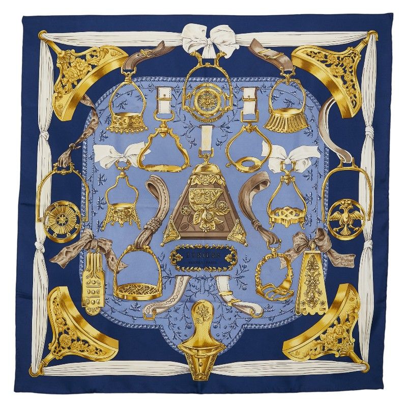 Hermes Carre 90 Etriers Stirrup Pattern Horse Harness Pattern Navy Multicolor