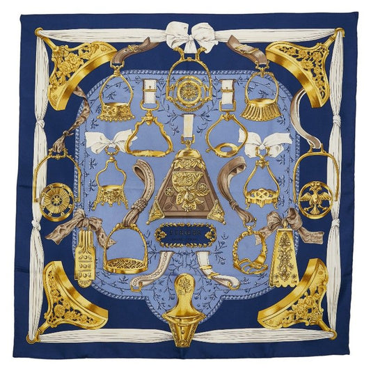 Hermes Carre 90 Etriers Stirrup Pattern Horse Harness Pattern Navy Multicolor