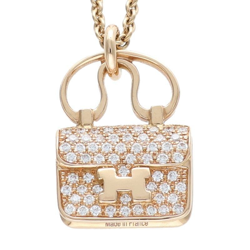 Hermes Amulet Constance 18K Pink Gold Diamond Bag Motif Necklace Men's