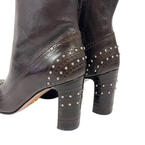 Prada Short Boots Chunky Heel Round Toe Stats 34.5 Brown