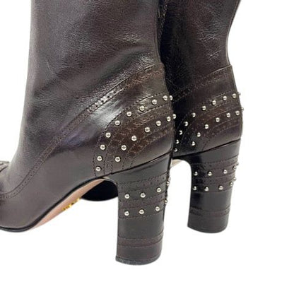 Prada Short Boots Chunky Heel Round Toe Stats 34.5 Brown