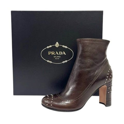 Prada Short Boots Chunky Heel Round Toe Stats 34.5 Brown