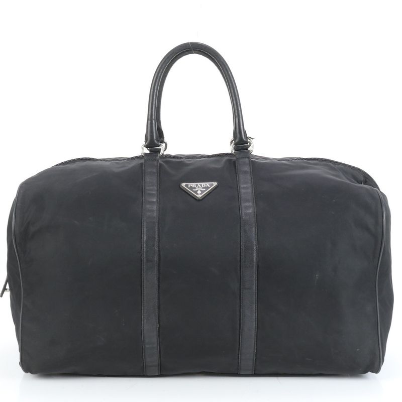 Prada Tessuto Nylon Triangle Logo Leather Boston Bag Business Travel Tote