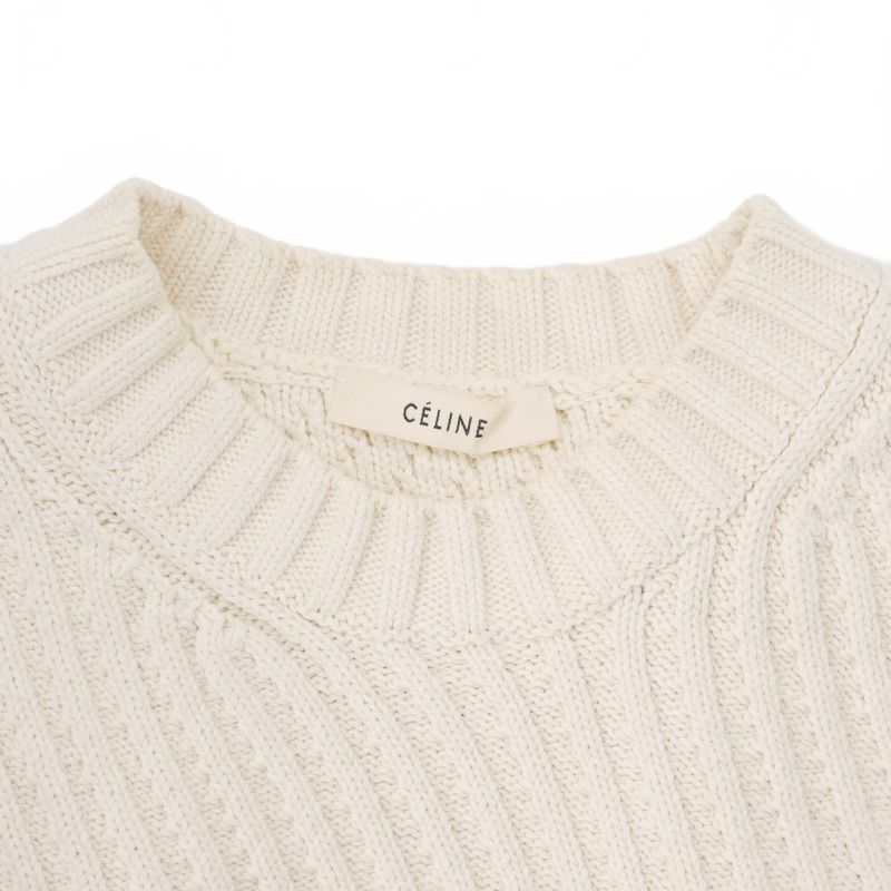 Celine Phoebe Period Diagonal Rib Cotton Knit Sweater Long Sleeve M White 3W50
