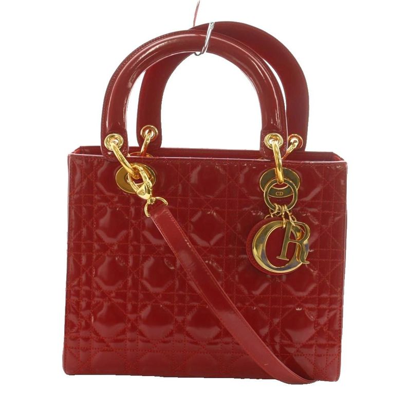 Christian Dior Lady Dior Bag Hand Shoulder 2WAY Charm Enamel Red Ma-0957 AQ •