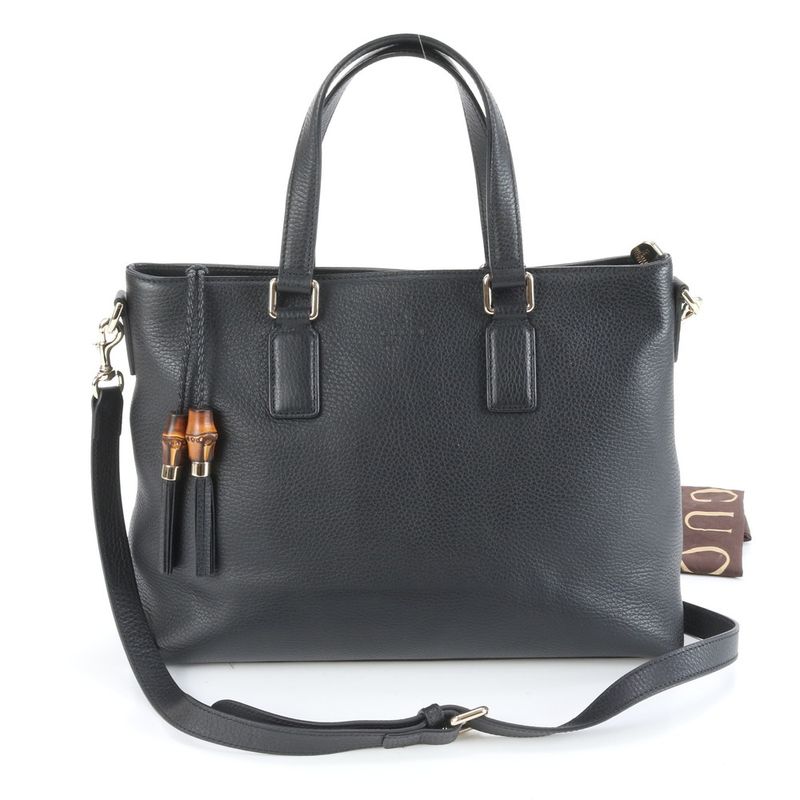 Gucci Bamboo Tassel 365346 Leather 2WAY Tote Bag Crossbody Shoulder Black A4