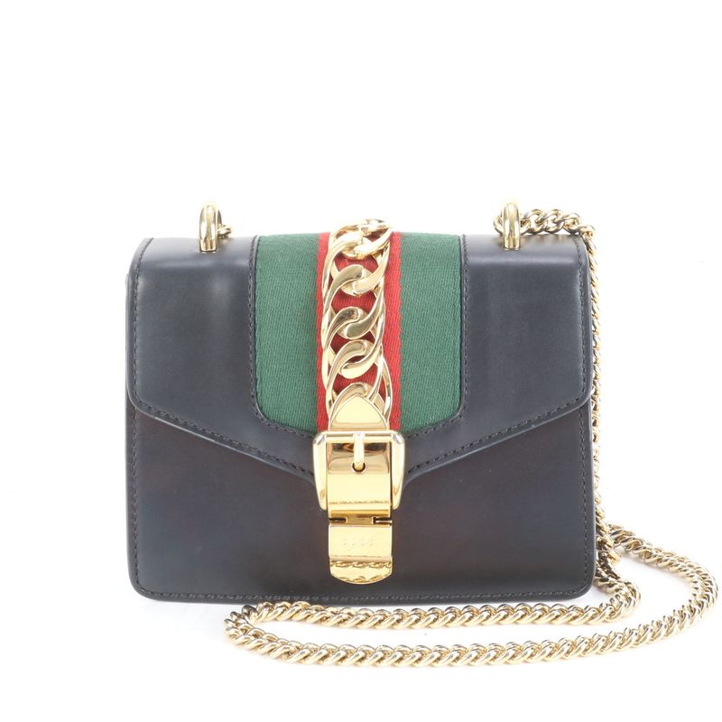 Gucci Sylvie 431666 Leather Chain Shoulder Bag Crossbody Black Tote Ladies ECE