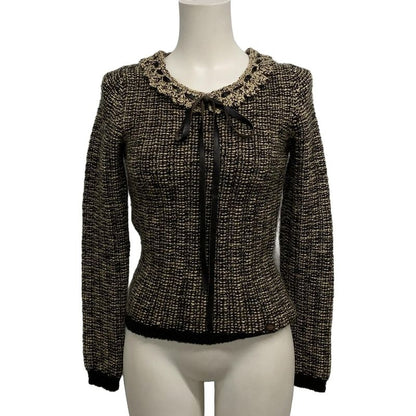 Chanel Long Sleeve Sweater Size 38 M Women's P24194 Ivory X Black Ribbon Wool