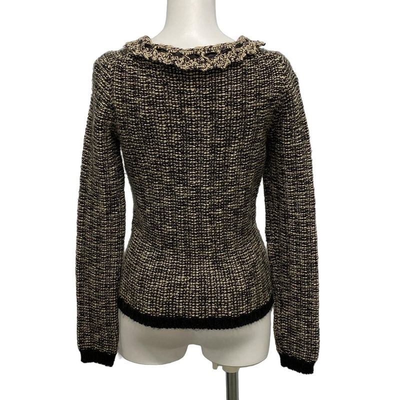Chanel Long Sleeve Sweater Size 38 M Women's P24194 Ivory X Black Ribbon Wool