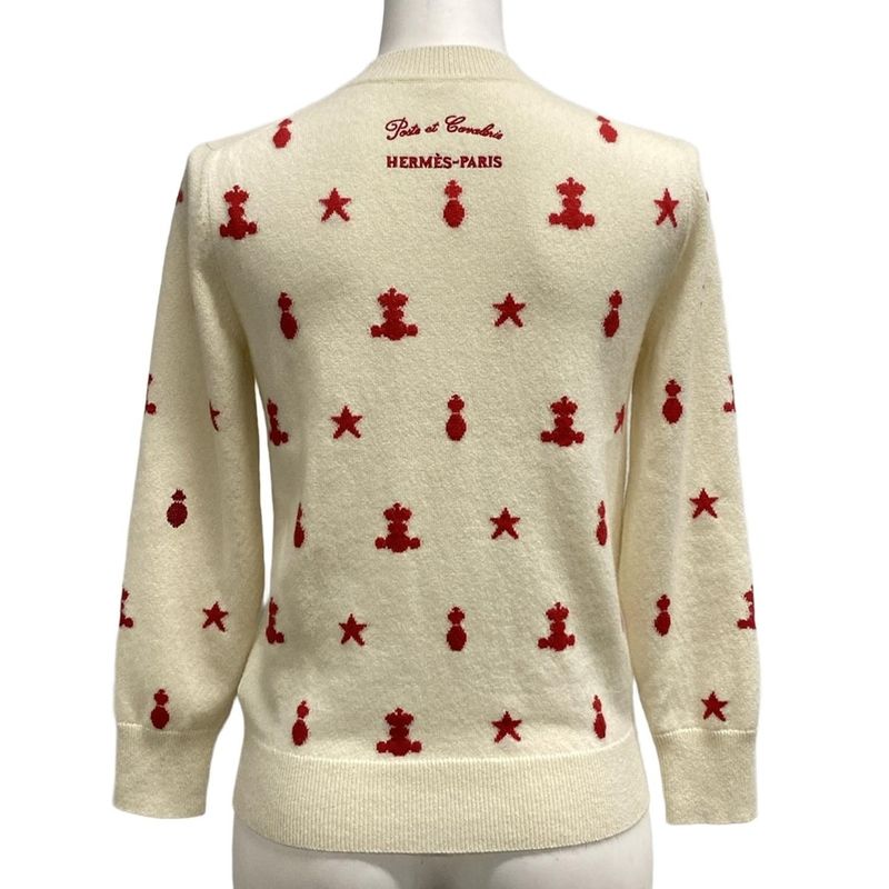 Hermes Cardigan Size 34 S Women's - Ivory X Red Long Sleeve Cashmere Embroidery
