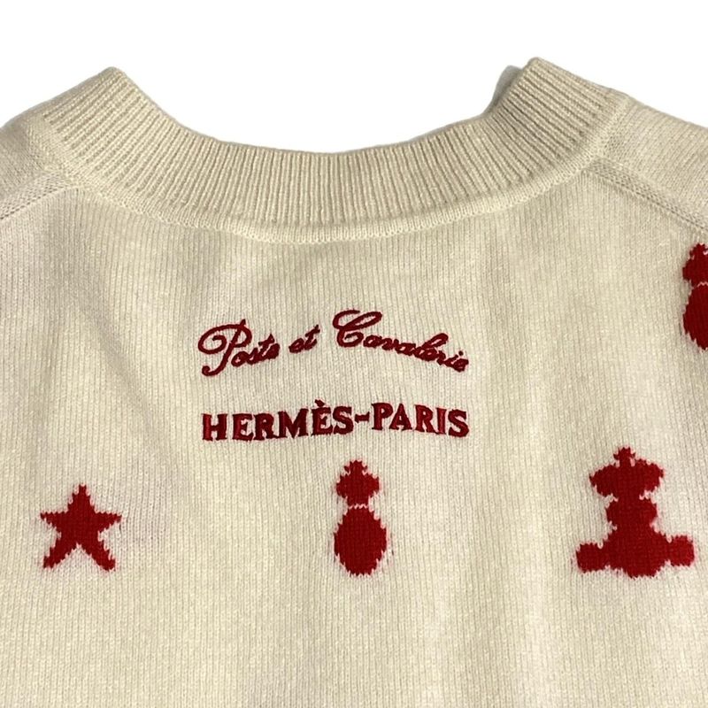Hermes Cardigan Size 34 S Women's - Ivory X Red Long Sleeve Cashmere Embroidery