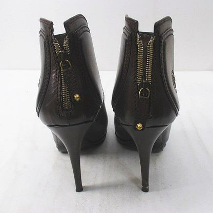 Gucci Short Boots Round Toe High Heel Gold Medal 38 C Brown Leather