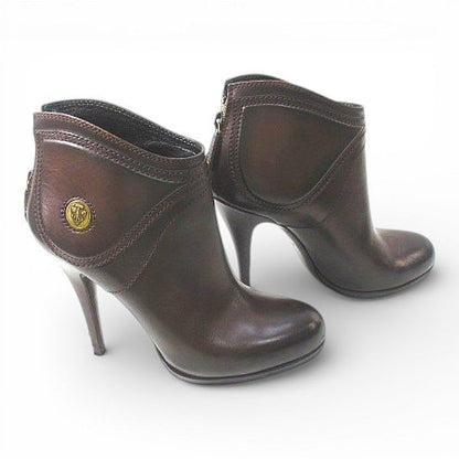 Gucci Short Boots Round Toe High Heel Gold Medal 38 C Brown Leather