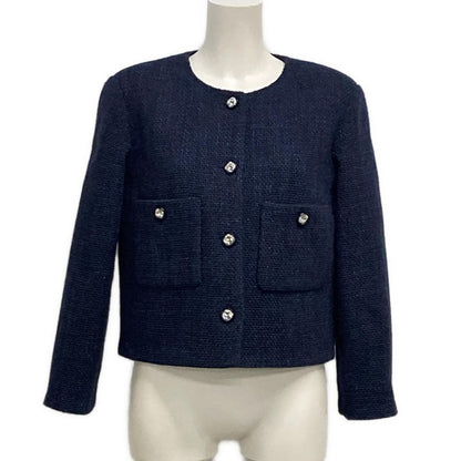 Chanel Jacket Size 34 S Women's P71190 Navy No Collar Long Sleeve Winter Autumn