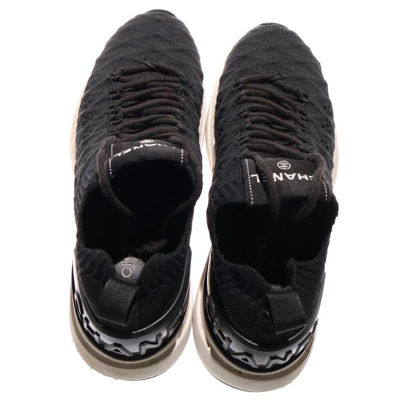 Chanel Coco Mark Knit Fabric Low Cut Sneakers Black White 35 G35549
