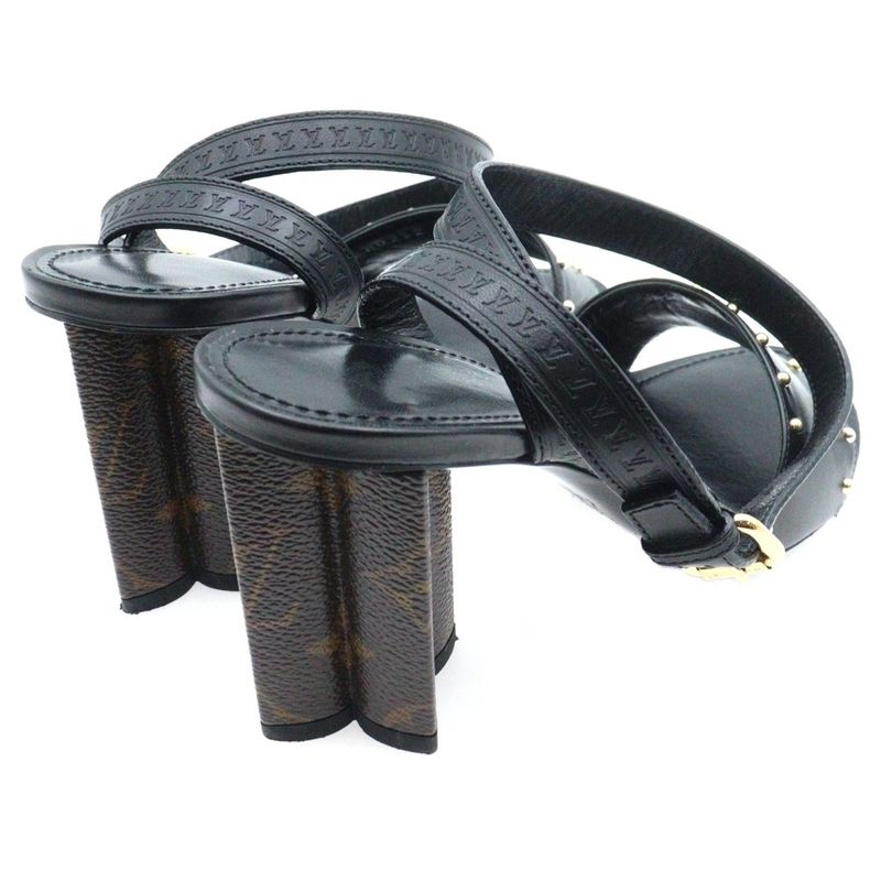 Louis Vuitton Silhouette Line Leather Studs Monogram Heel Strap Sandals Shoes
