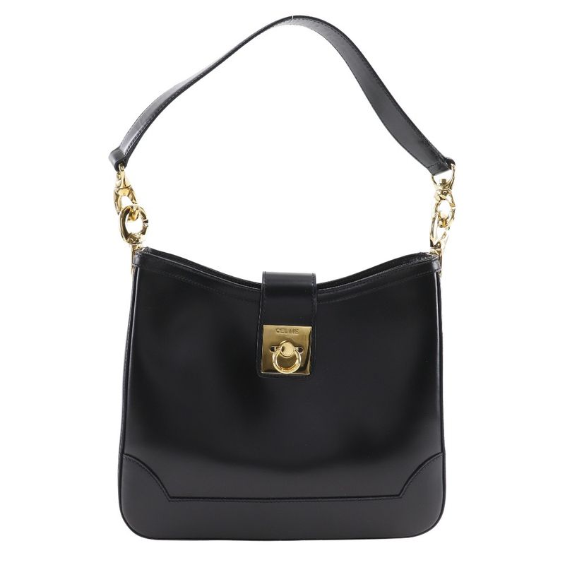 Celine Logo Vintage Calf Black Women's Shoulder Bag