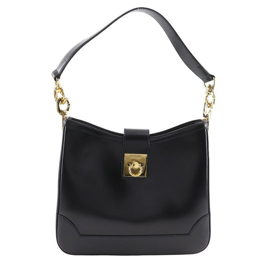 Celine Logo Vintage Calf Black Women's Shoulder Bag