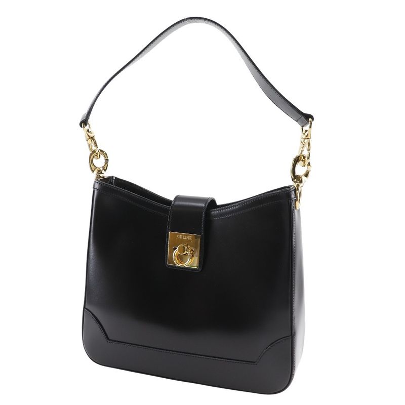 Celine Logo Vintage Calf Black Women's Shoulder Bag
