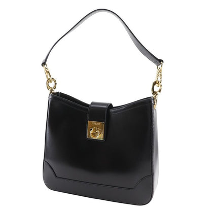 Celine Logo Vintage Calf Black Women's Shoulder Bag
