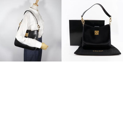 Celine Logo Vintage Calf Black Women's Shoulder Bag
