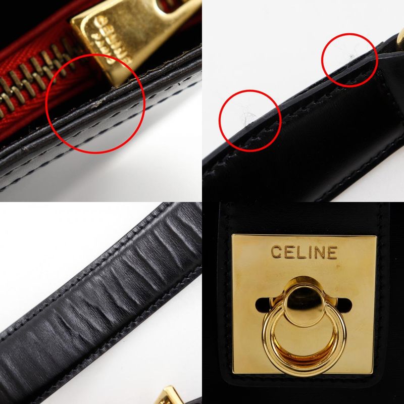 Celine Logo Vintage Calf Black Women's Shoulder Bag