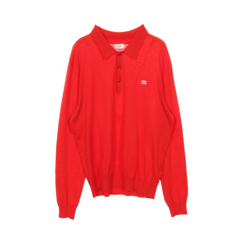 Celine Polo Shirt Triomphe Embroidery Classic Fit Polo Sweater Red Cotton Knit
