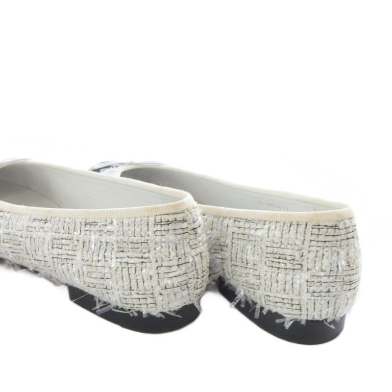 Chanel Ballerina Shoes Flat Cap Toe Here Mark Tweed 37.5c ​​white Black G02819