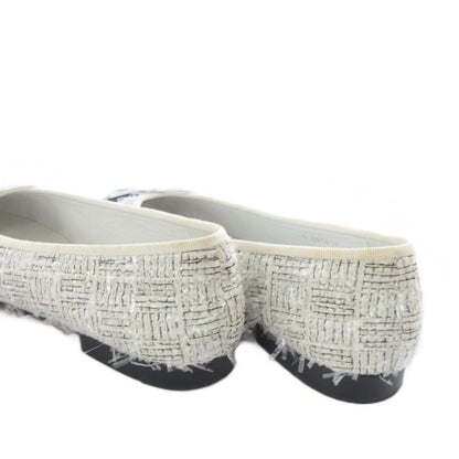 Chanel Ballerina Shoes Flat Cap Toe Here Mark Tweed 37.5c ​​white Black G02819