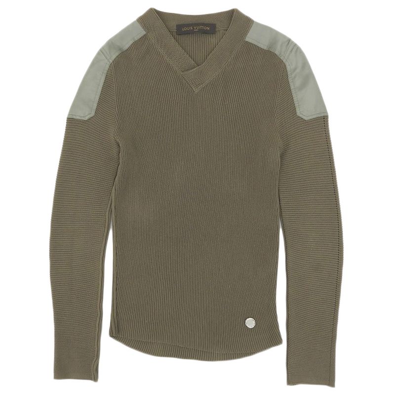 Louis Vuitton Silk X Cotton Shoulder Patch Logo Metal V Neck Rib Knit Pullover