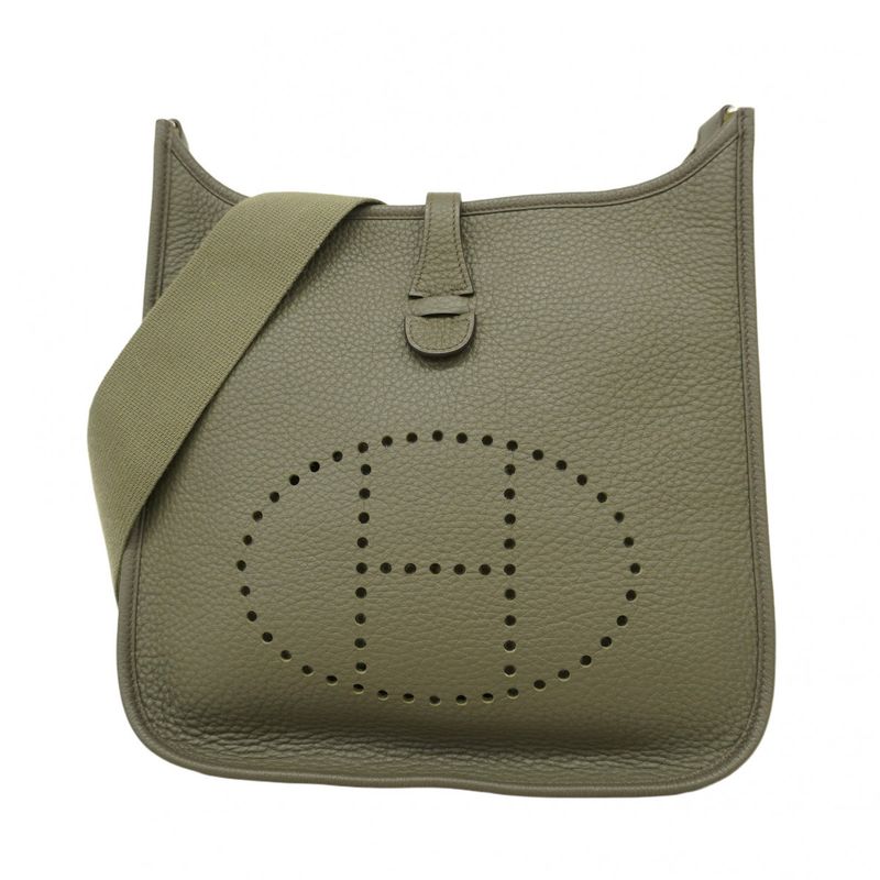 Hermes Shoulder Bag Evelyn 1PM Taurillon Clemence Olive Green Silver Hardware