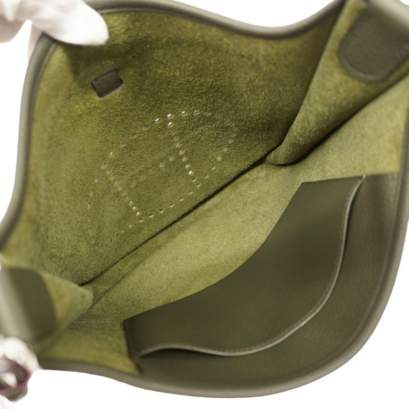 Hermes Shoulder Bag Evelyn 1PM Taurillon Clemence Olive Green Silver Hardware