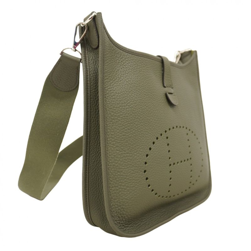 Hermes Shoulder Bag Evelyn 1PM Taurillon Clemence Olive Green Silver Hardware