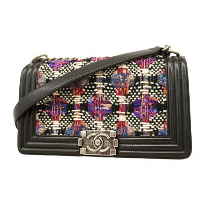 Chanel Shoulder Bag Boy Chanel Leather Wool Multicolor Black Silver Hardware