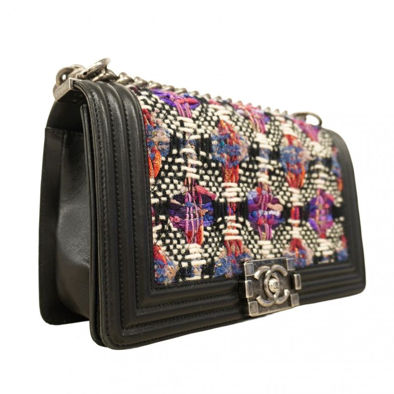 Chanel Shoulder Bag Boy Chanel Leather Wool Multicolor Black Silver Hardware