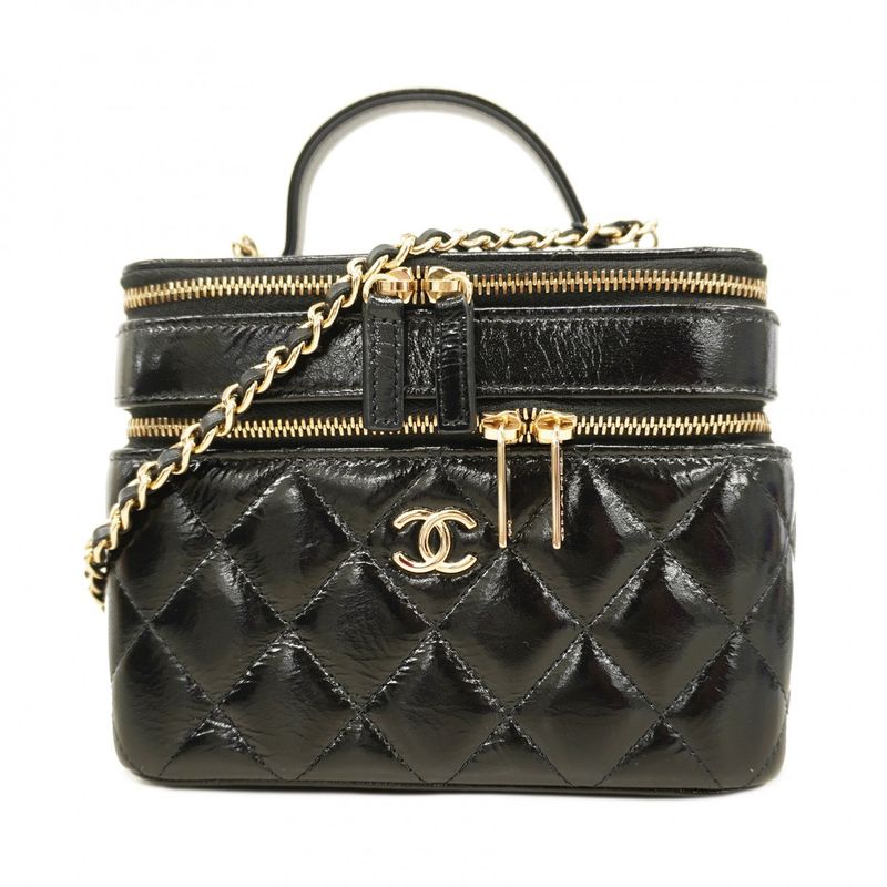 Chanel Vanity Bag Matelasse Shiny Lambskin Black Chien Pan Gold Hardware Women's