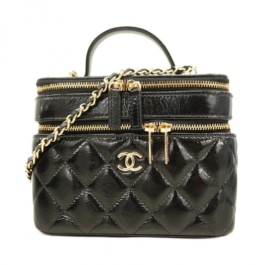 Chanel Vanity Bag Matelasse Shiny Lambskin Black Chien Pan Gold Hardware Women's