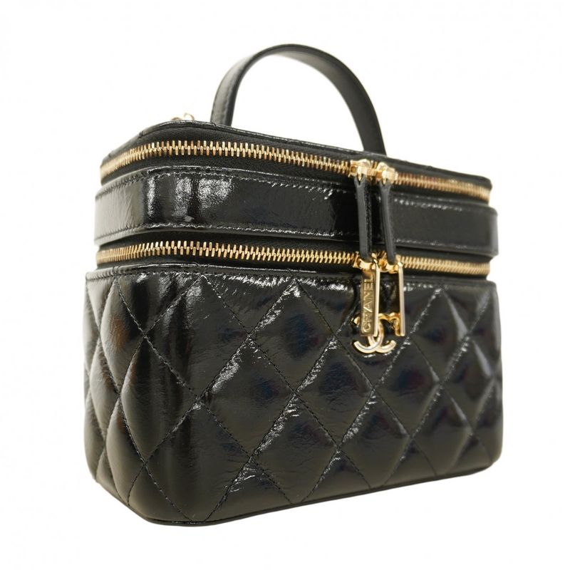 Chanel Vanity Bag Matelasse Shiny Lambskin Black Chien Pan Gold Hardware Women's