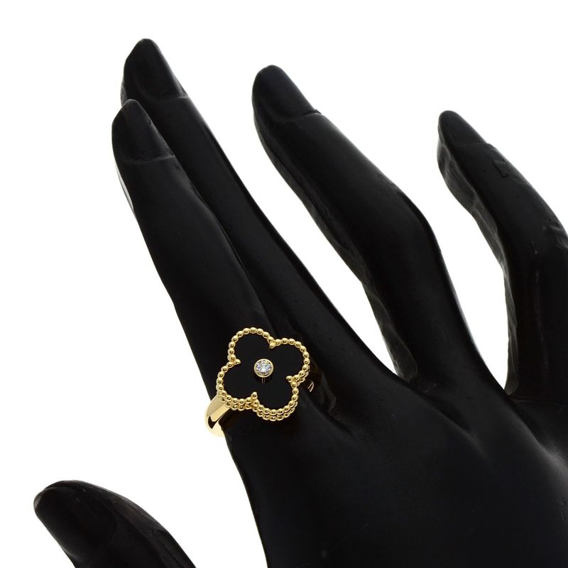 Van Cleef & Arpels Vintage Alhambra Onyx 1P Diamond Ring 18K Yellow Gold Women's