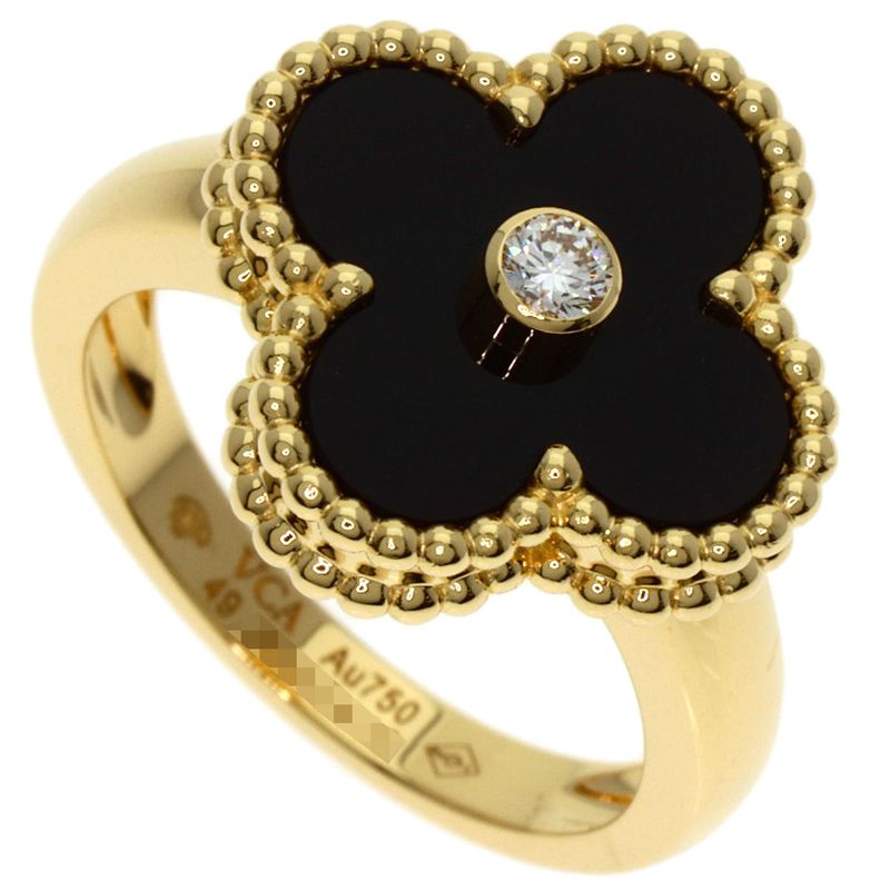 Van Cleef & Arpels Vintage Alhambra Onyx 1P Diamond Ring 18K Yellow Gold Women's